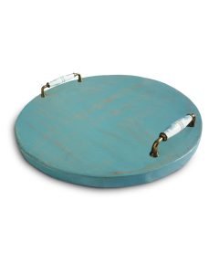 Round Reclaimed Oak Serving Tray With Ceramic Handles
