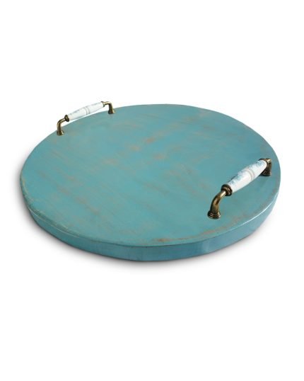 Round Reclaimed Oak Serving Tray With Ceramic Handles