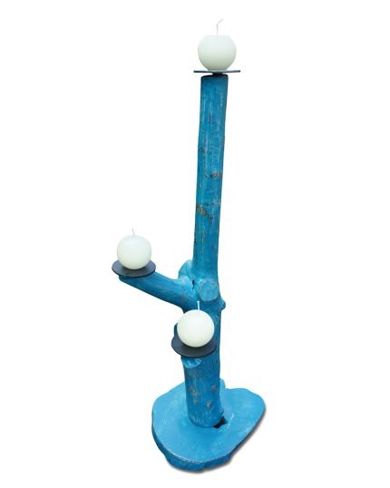 Blue Painted Three Branch Pillar Candle Holder
