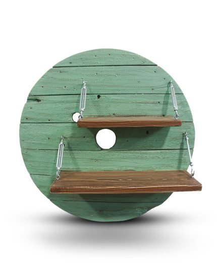 Two Shelves On Round Green Horizontal Slated Back