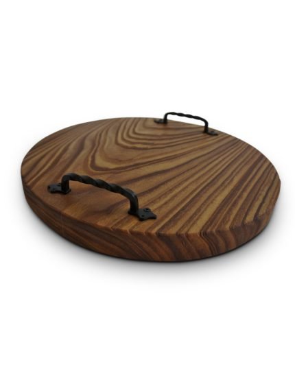 Round Serving Tray From Elm With Iron Handles