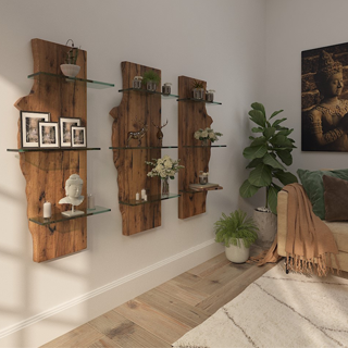 Multiple wall mounted shelves from reclaimed wood and glass mix