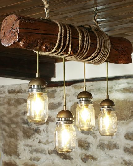 Ceiling Mounted Reclaimed Beam Lamp With Mason Jars