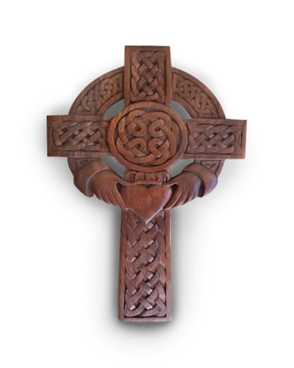 Hand-carved Celtic Cross with Claddagh Ring