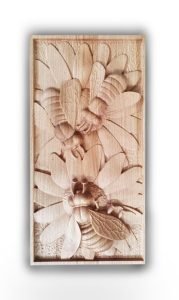 Three Bees on Sunflowers Oak Carving Wall Decoration