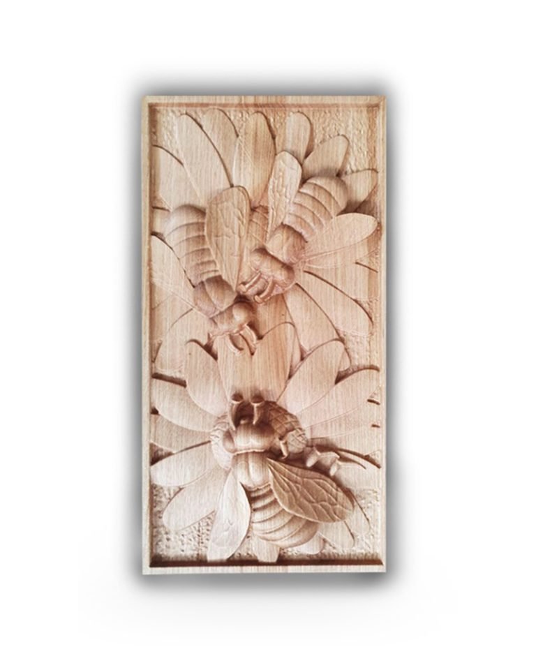 Three Bees on Sunflowers Oak Carving Wall Decoration