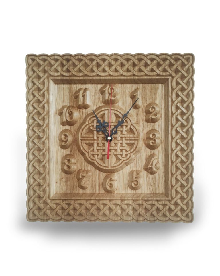 Celtic Pattern Carved Oak Square Clock
